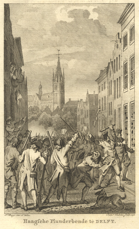 afbeelding van prent Haagsche Plunderbende te Delft van Reinier Vinkeles, J. Buys (Delft)