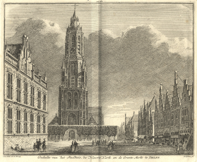afbeelding van prent Gedeelte van het Stadhuis, de Nieuwe Kerk en de Groote Markt te Delft van H. Spilman, A. de Haan (Delft)