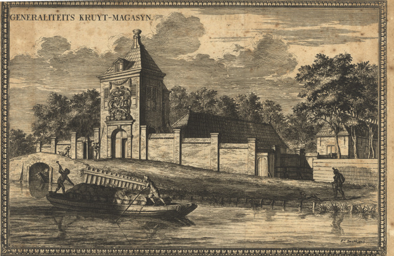 afbeelding van prent Generaliteits Kruyt-Magasyn van C. Decker (Delft)