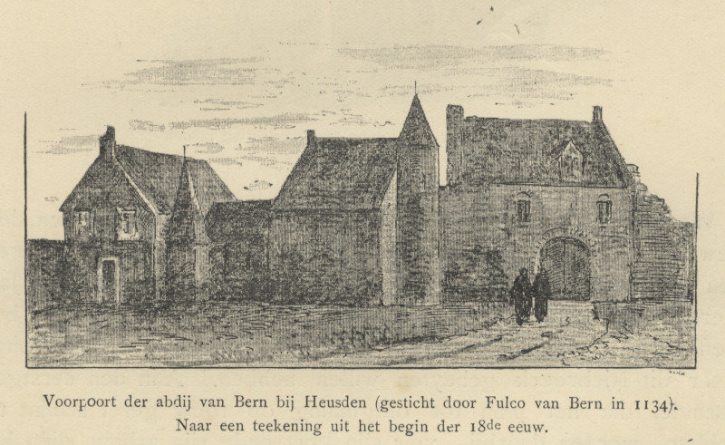 afbeelding van prent Voorpoort der abdij van Bern bij Heusden (gesticht door Fulco van Bern in 1134) van nn (Heeswijk-Dinther)