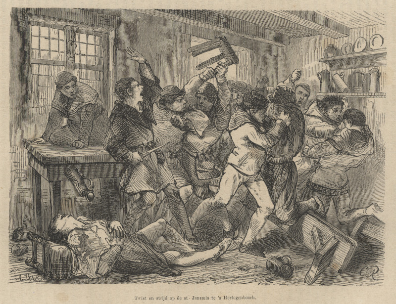 afbeelding van prent Twist en strijd op de st. Jansmis te ´s Hertogenbosch van A. Barberes, C.R. (´s-Hertogenbosch)