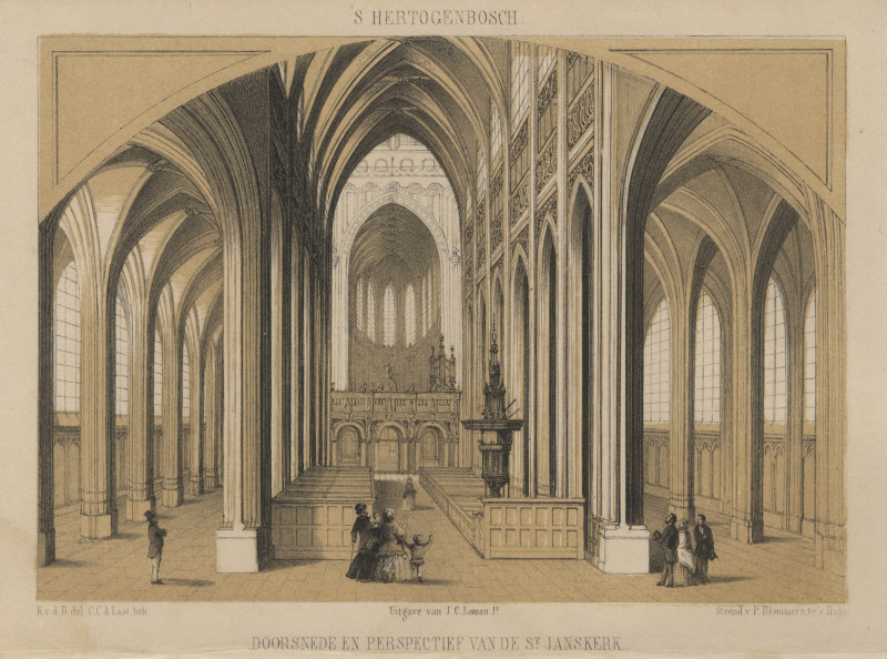 afbeelding van prent Doorsnede en perspectief van de St. Janskerk van C.C.A. Last, P. Blommers (´s-Hertogenbosch)