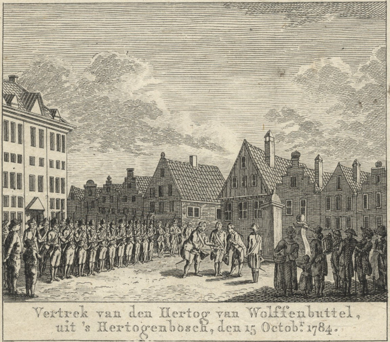 afbeelding van prent Vertrek van den hertog van Wolffenbuttel, uit ´s Hertogenbosch, den 15 Octobr. 1784 van nn (´s-Hertogenbosch)