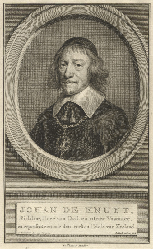 afbeelding van prent Johan de Knuyt, Ridder, Heer van Oud en Nieuw Vosmaer .. van J. Houbraaken, A. Schouman, naar A. van Hulle (Politici, )