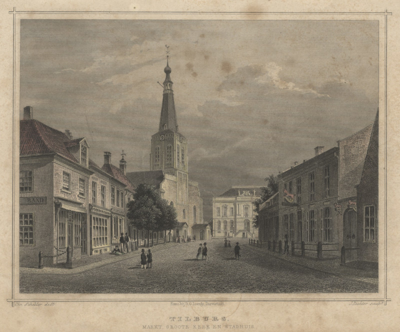 afbeelding van prent Tilburg. Markt, Groote Kerk en Stadhuis. van J. Richter, Chr. Schüler (Tilburg)