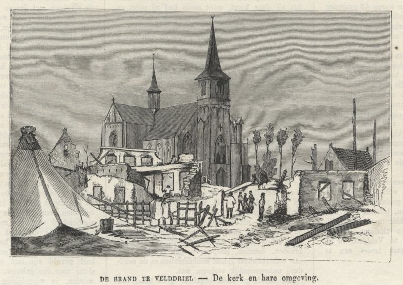 afbeelding van prent De brand te Velddriel - De kerk en hare omgeving van nn (Velddriel)