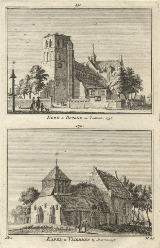 afbeelding van prent Kerk te Doorne in Poelland; Kapel te Vlierden by Doorne. 1738 van H. Spilman naar J. de Beijer (Deurne, Vlierden)