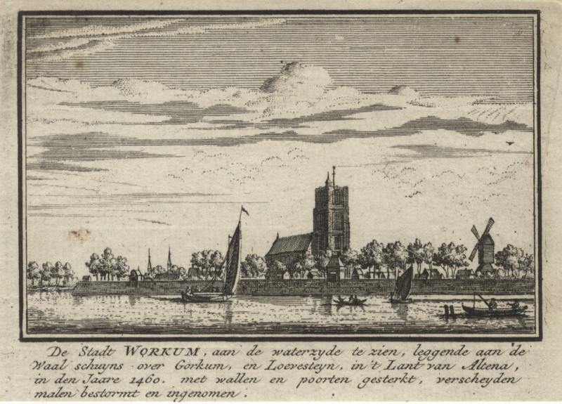 afbeelding van prent De Stadt Workum, aan de Waterzyde te zien van J.M. Bregmagher naar A. Rademaker (Woudrichem)