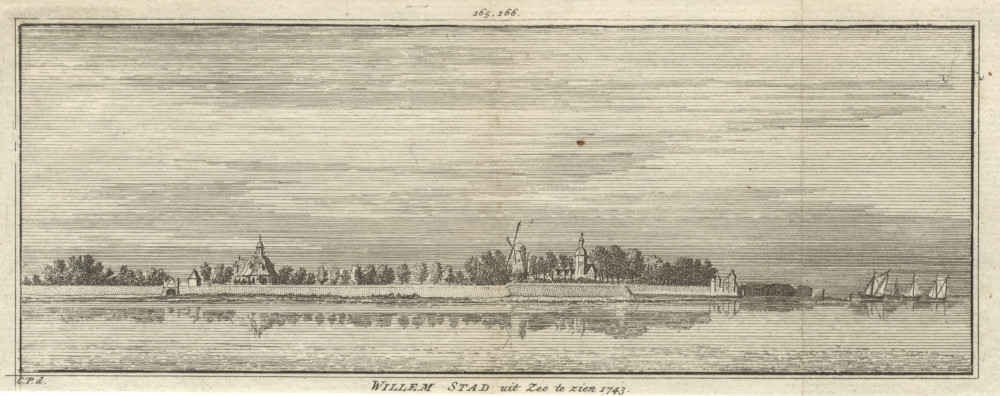 afbeelding van prent Willem Stad uit Zee te zien 1743 van C. Pronk (Willemstad)