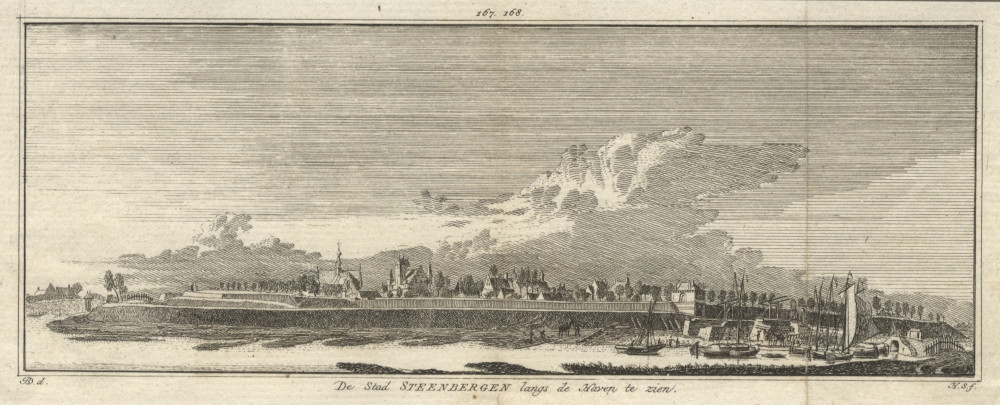 afbeelding van prent De Stad Steenbergen langs de Haven te zien van H. Spilman naar J. de Beijer (Steenbergen)