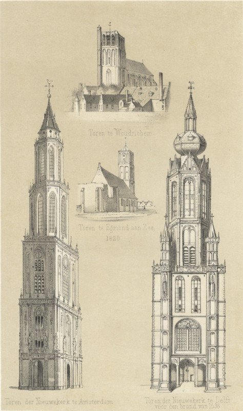 afbeelding van prent Kerktorens  van Emrik & Binger (Woudrichem, Amsterdam, Delft, Egmond aan Zee)