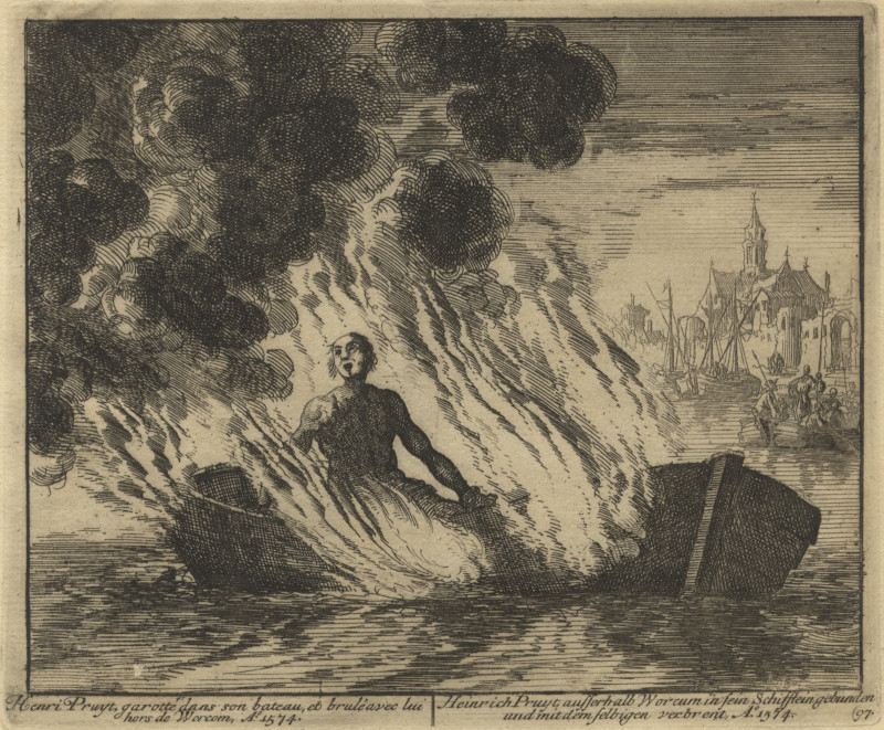 afbeelding van prent Henri Pruyt, garotte dans son bateau, et brulé avec lui hors de Worcom AD 1574 van Jan Luyken (Workum)