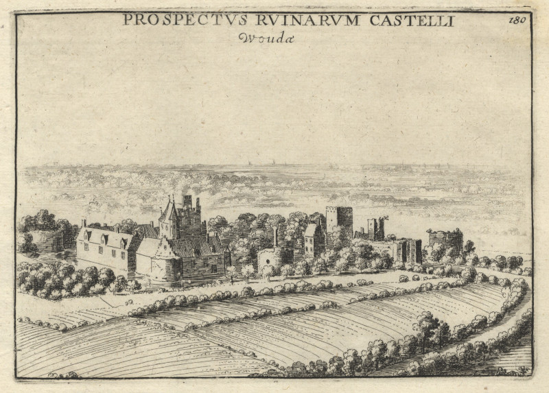 afbeelding van prent Prospectus Ruinarum Castelli Wouda van J. le Roy (Wouw)