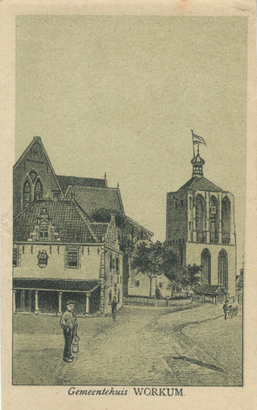 afbeelding van prent Gemeentehuis Workum van J. Braakensiek (Workum)