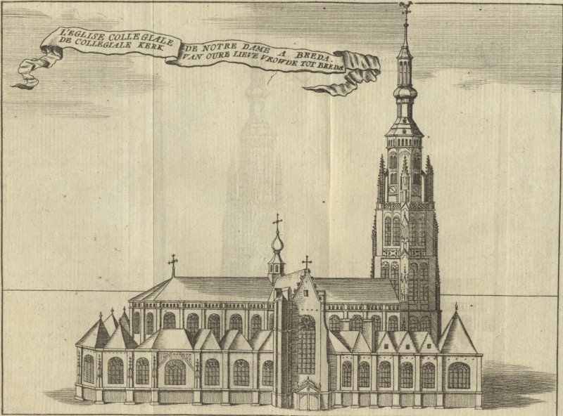 afbeelding van prent L´Eglise Collegiale de Notre Dame a Breda; De Collegiale Kerk van Oure Lieve Vrowde tot Breda van J. Harrewijn (Breda)