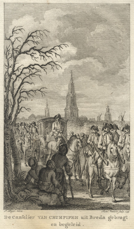 afbeelding van prent De Canselier van Crumpipen uit Breda gebragt en begeleid van Reinier Vinkeles, J. Buys (Breda)