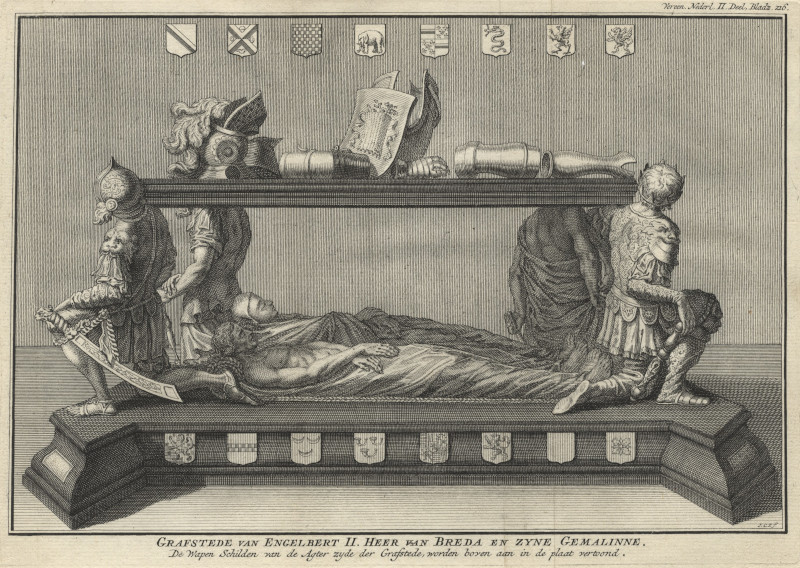 afbeelding van prent Grafstede van Engelbert II. Heer van Breda en Zyne Gemalinne van J.C. Philips (Breda)