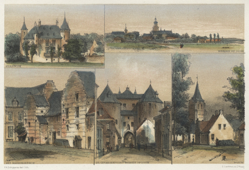 afbeelding van prent Heeswijk, Bergen op Zoom, het Markiezenhof, de Gevangenpoort, Wouw van P.A. Schipperus (Bergen op Zoom)