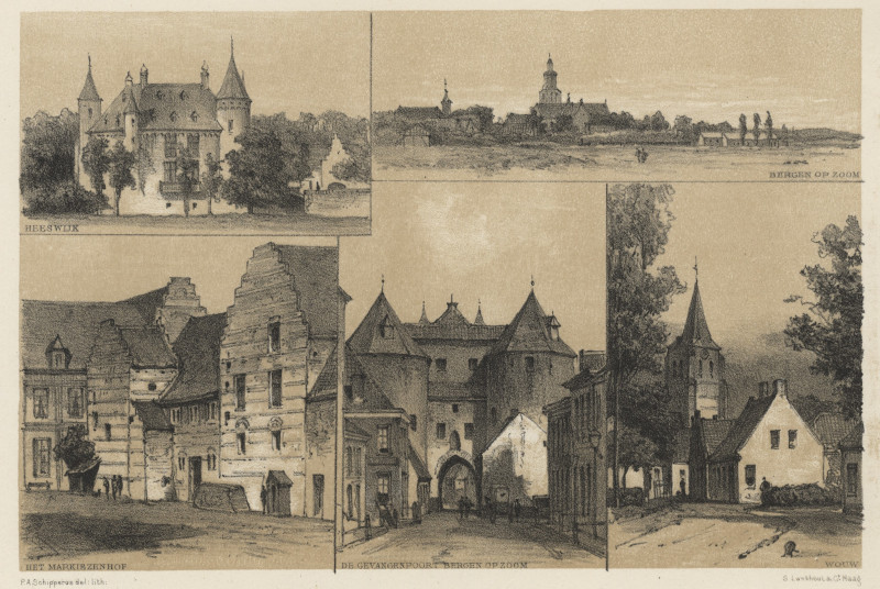 afbeelding van prent Heeswijk, Bergen op Zoom, het Markiezenhof, de Gevangenpoort, Wouw van P.A. Schipperus (Bergen op Zoom)