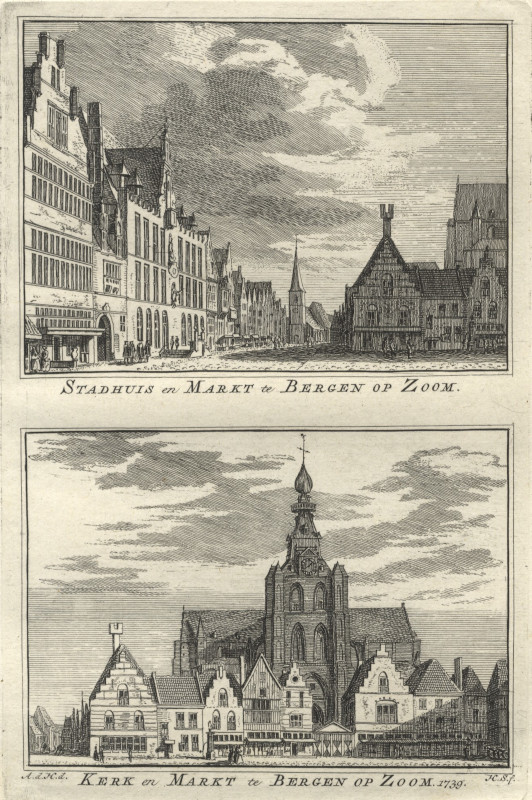 afbeelding van prent Stadhuis en Markt te Bergen op Zoom; Kerk en Markt te Bergen op Zoom. 1739 van A. de Haan, H. Spilman (Bergen op Zoom)
