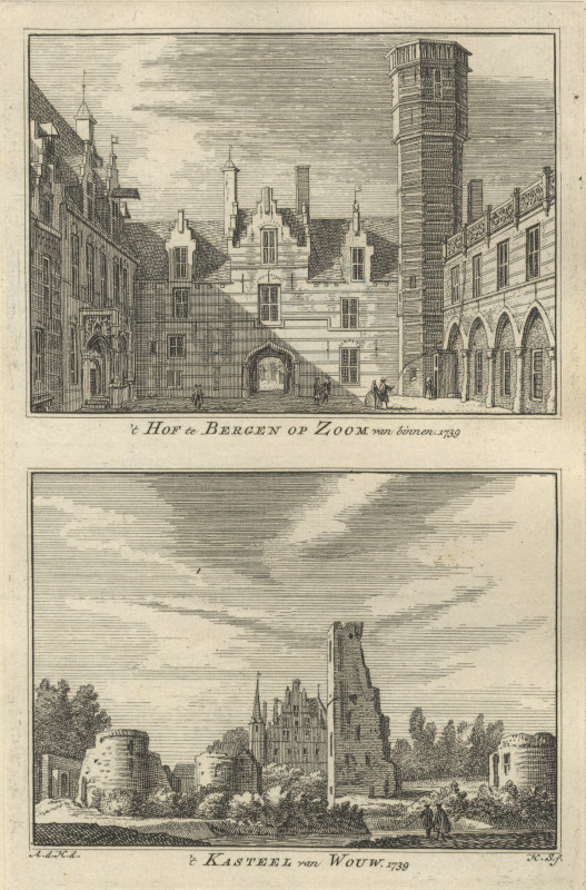 afbeelding van prent ´t Hof te Bergen op Zoom van binnen; ´t Kasteel van Wouw; 1739 van A. de Haan, H. Spilman (Bergen op Zoom, Wouw)