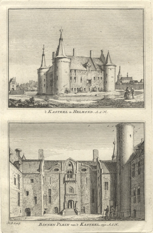 afbeelding van prent ´t Kasteel te Helmond, Binnen Plein van ´t Kasteel 1730 van A. de Haan, H. Spilman (Helmond)