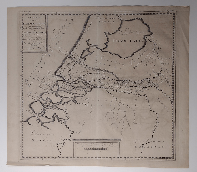 afbeelding van kaart Landkaart van het Eyland der Batavieren verbeeldende de vier Romeynsche Standplaatsen van Pieter de Hondt