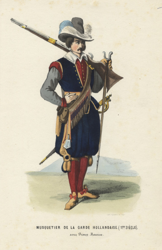 afbeelding van prent Musquetier de la garde Hollandaise (17e siècle) sous Prince Maurice van E. Spanier
