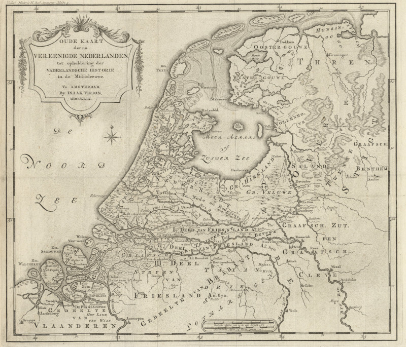 afbeelding van kaart Oude kaart der nu Vereenigde Nederlanden tot opheldering der Vaderlandsche historie in de Middeleeuw van Isaak Tirion