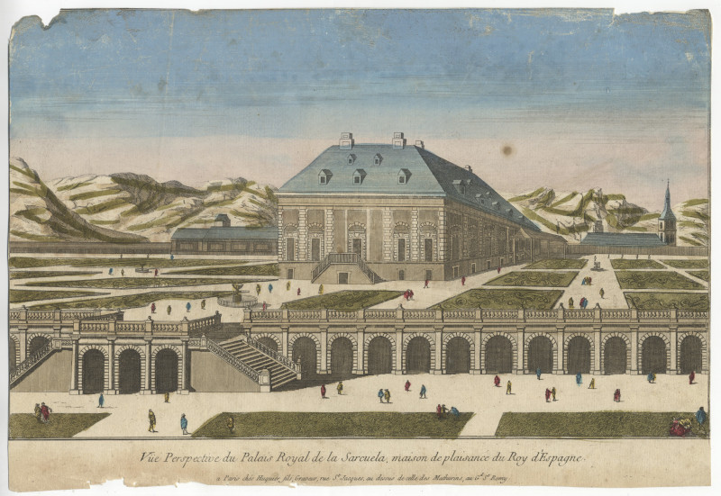 afbeelding van prent Vue perspective du Palais royal de la Sarcuela, maison de plaisance du Roy d´Espagne van J.G. Huquier (Madrid)