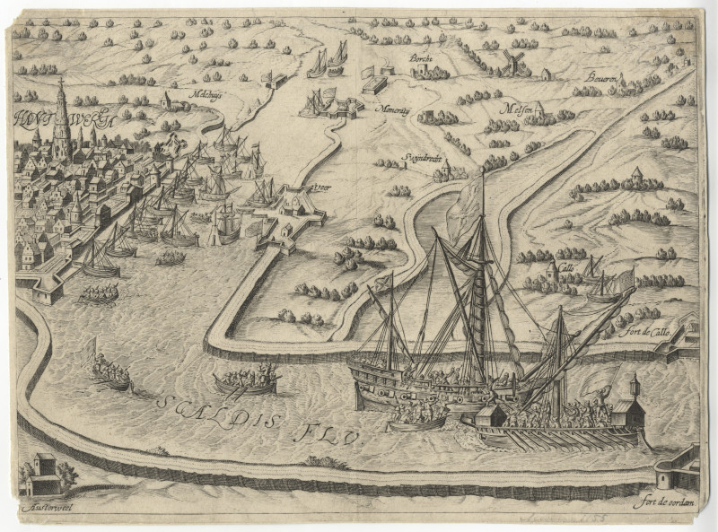 afbeelding van vogelvlucht Zwarte Galei van Dordrecht overvalt Spaanse Schepen voor Antwerpen van B.W. Dolendo (Antwerpen)