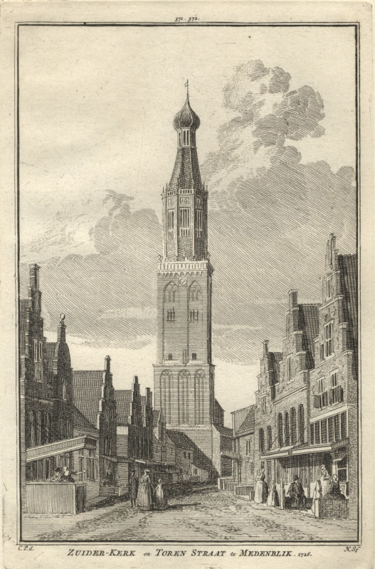 afbeelding van prent Zuider-Kerk en Toren Straat te Medemblik. 1726 van C. Pronk, H. Spilman (Medemblik)