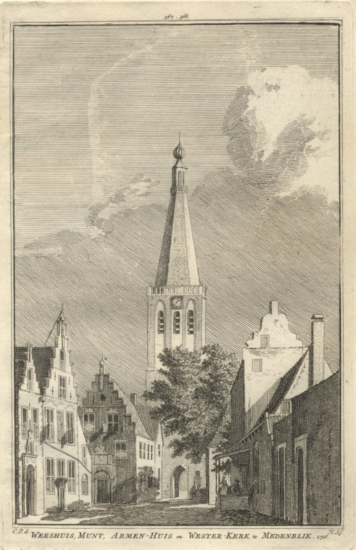 afbeelding van prent Weeshuis, Munt, Armen-Huis en Wester-Kerk te Medemblik; 1726 van C. Pronk, H. Spilman (Medemblik)