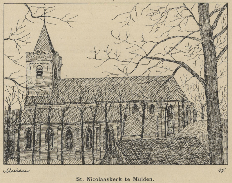 afbeelding van prent St. Nicolaaskerk te Muiden van nn (Muiden)