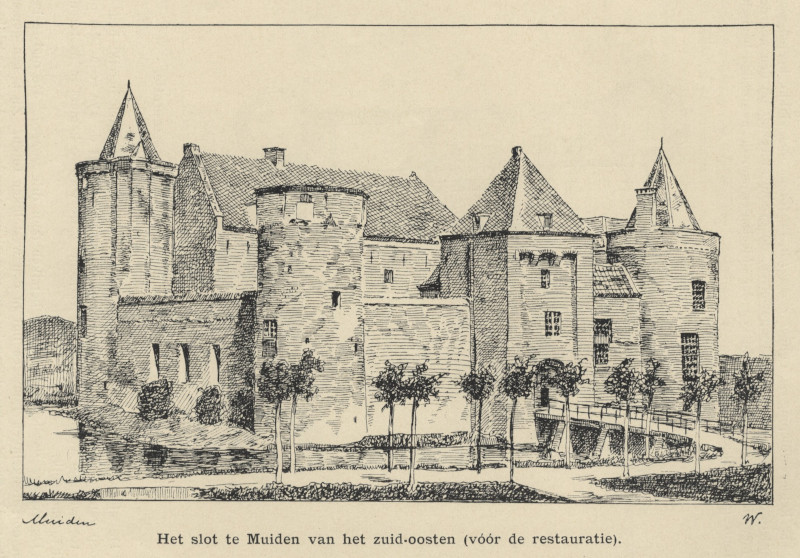 afbeelding van prent Het slot te Muiden van het zuid-oosten (vóór de restauratie). van nn (Muiden)