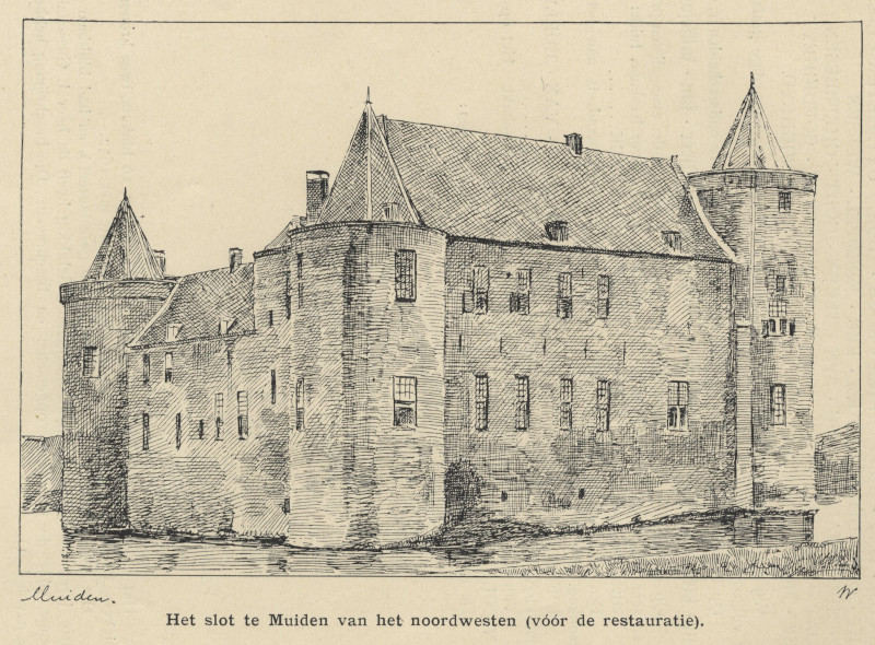 afbeelding van prent Het slot te Muiden van het noordwesten (vóór de restauratie). van nn (Muiden)