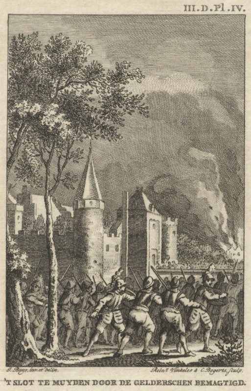 afbeelding van prent ´t Slot te Muyden door de Gelderschen bemagtigd van Reinier Vinkeles, J. Buys (Muiden)