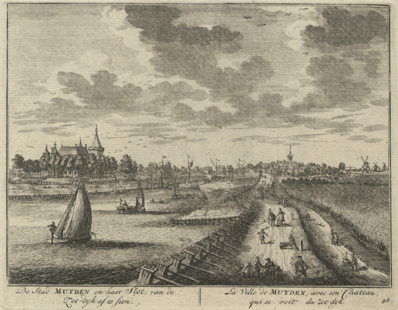 afbeelding van prent De Stad Muyden en haer Slot; van de Zee-dyk af te sien van Daniel Stopendaal (Muiden)