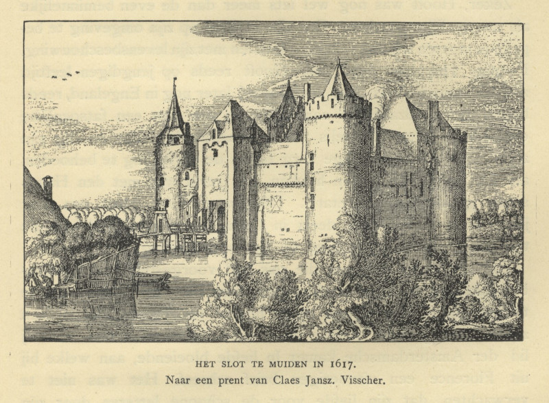 afbeelding van prent Het Slot te Muiden in 1617, naar een prent van Claes Jansz. Visscher van nn naar C.J. Visscher (Muiden)