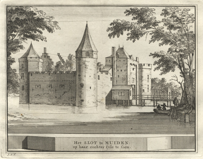 afbeelding van prent Het Slot te Muiden; op haar rechter syde te sien van J. Schijnvoet (Muiden)