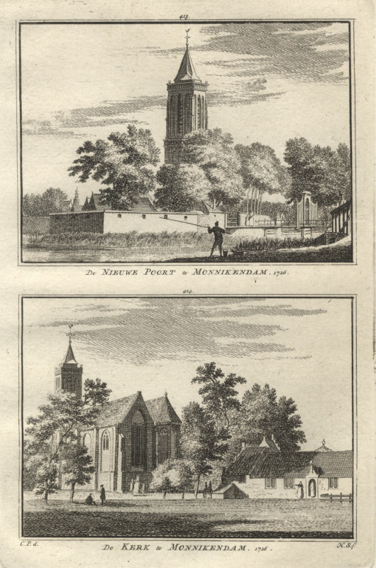 afbeelding van prent De Nieuwe Poort te Monnikendam, 1726; De Kerk te Monnikendam, 1726. van H. Spilman, C. Pronk (Monnickendam)