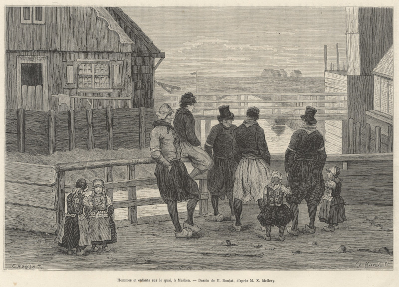 afbeelding van prent Hommes et enfants sur le quai, à Marken van E. Ronjat, Ch. Barbant, X. Mellery (Marken)