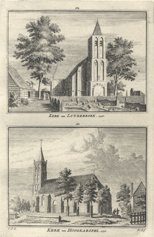 afbeelding van prent Kerk van Lutkebroek, 1726; Kerk van Hoogkarspel, 1726 van H. Spilman, C. Pronk (Lutjebroek, Hoogkarspel)