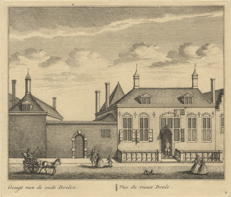 afbeelding van prent Gesigt van de oude Doelen; Vue du vieux Doule van L. Schenk naar A. Rademaker (Delft)