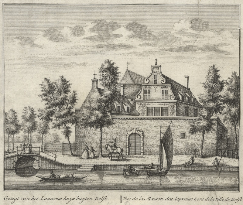 afbeelding van prent Gesigt van het Lazarus huys buyten Delft. Vue de la Maison des lepreux hors de la Ville de Delft van L. Schenk, A. Rademaker (Delft)