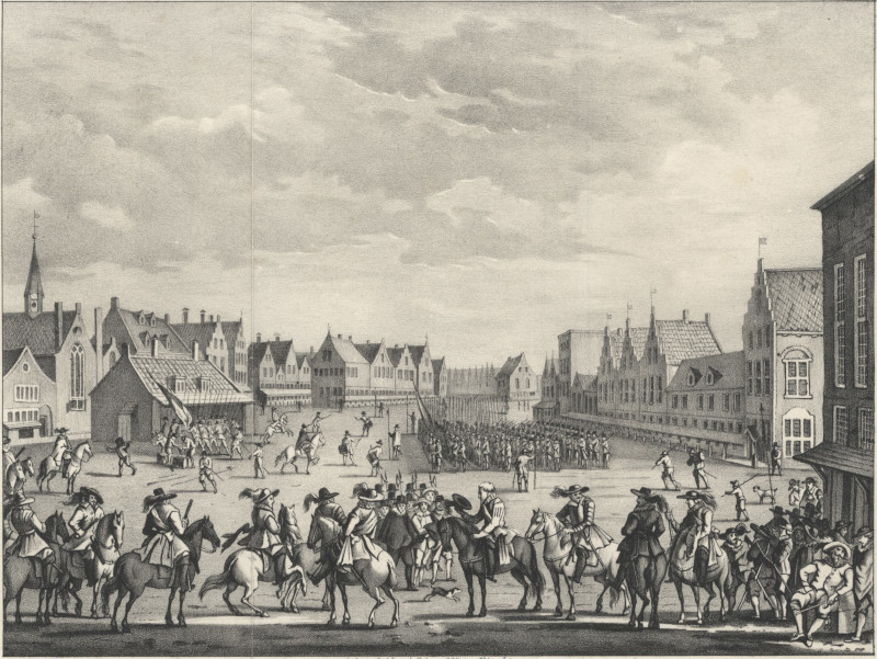 afbeelding van prent Het Afdanken der Waardgelders door Prins Maurits te Utrecht in 1618 van Gebr. v.d. Weijer, naar J.C. Droochsloot (Utrecht)