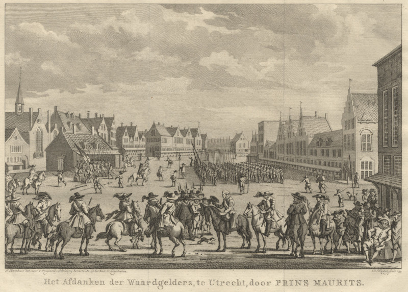 afbeelding van prent Het Afdanken der Waardgelders, te Utrecht, door Prins Maurits van D. Vrijdag, J. Bulthuis (Utrecht)