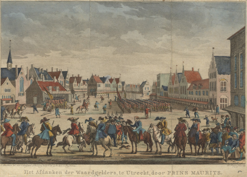 afbeelding van prent Het Afdanken der Waardgelders, te Utrecht, door Prins Maurits van D. Vrijdag, J. Bulthuis (Utrecht)