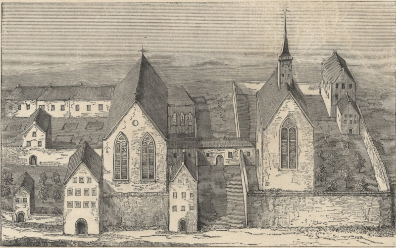 afbeelding van prent Het Sint Nicolaas klooster, omstreeks 1570 van N. van der Monde (Utrecht)