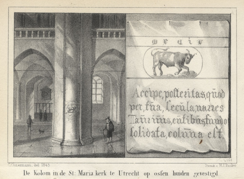 afbeelding van prent De Kolom in de St. Maria kerk te Utrecht op ossen huiden gevestigd van C. Ostermann (Utrecht)